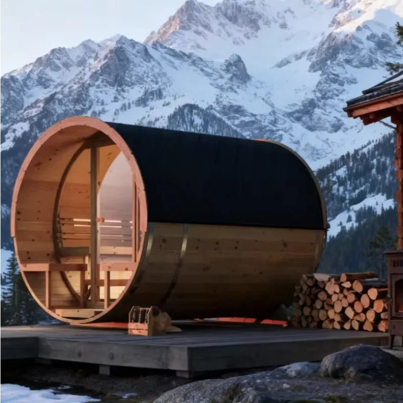 Customized 4-8 Person Outdoor Barrel Sauna, Solid Red Cedar Wood Traditional Steam Sauna with Window and Wood Fired Stove