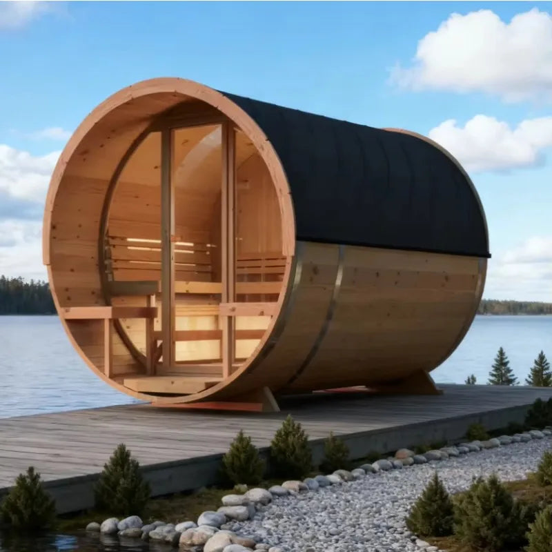 Customized 4-8 Person Outdoor Barrel Sauna, Solid Red Cedar Wood Traditional Steam Sauna with Window and Wood Fired Stove