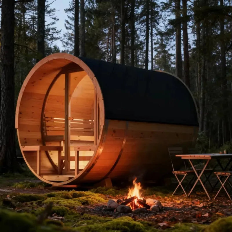Customized 4-8 Person Outdoor Barrel Sauna, Solid Red Cedar Wood Traditional Steam Sauna with Window and Wood Fired Stove