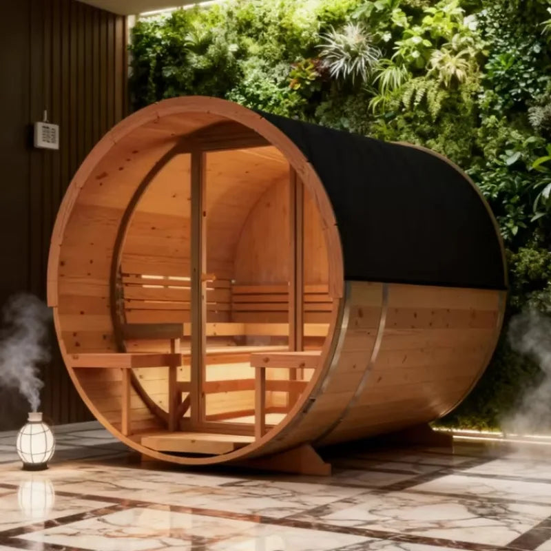 Customized 4-8 Person Outdoor Barrel Sauna, Solid Red Cedar Wood Traditional Steam Sauna with Window and Wood Fired Stove