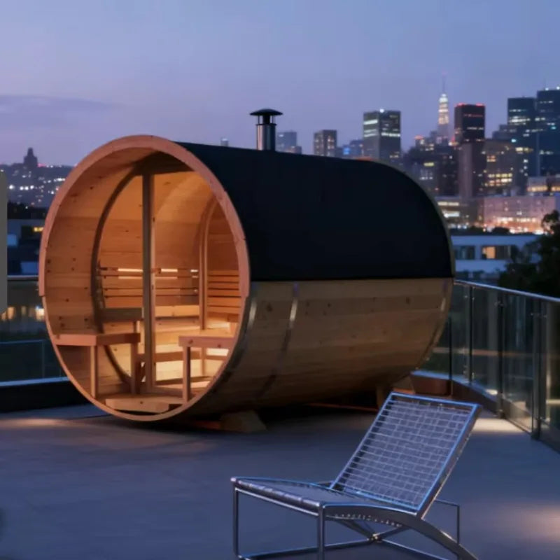 Customized 4-8 Person Outdoor Barrel Sauna, Solid Red Cedar Wood Traditional Steam Sauna with Window and Wood Fired Stove