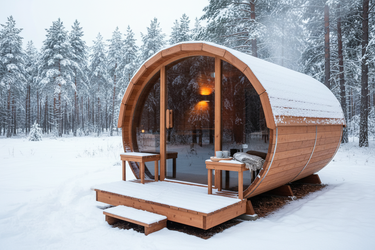 Outdoor Barrel Sauna - Winter Setting